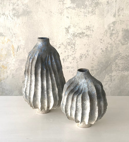 -SOLD- Dented Vases Blue/White (Couple)